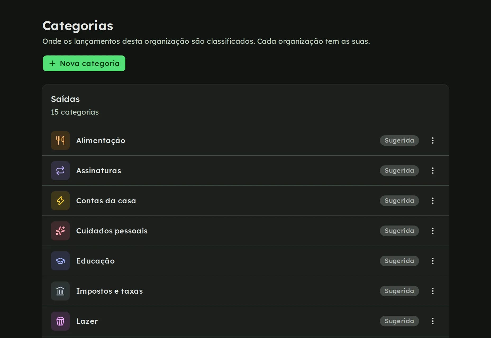 Lista de categorias de saída com ícones coloridos