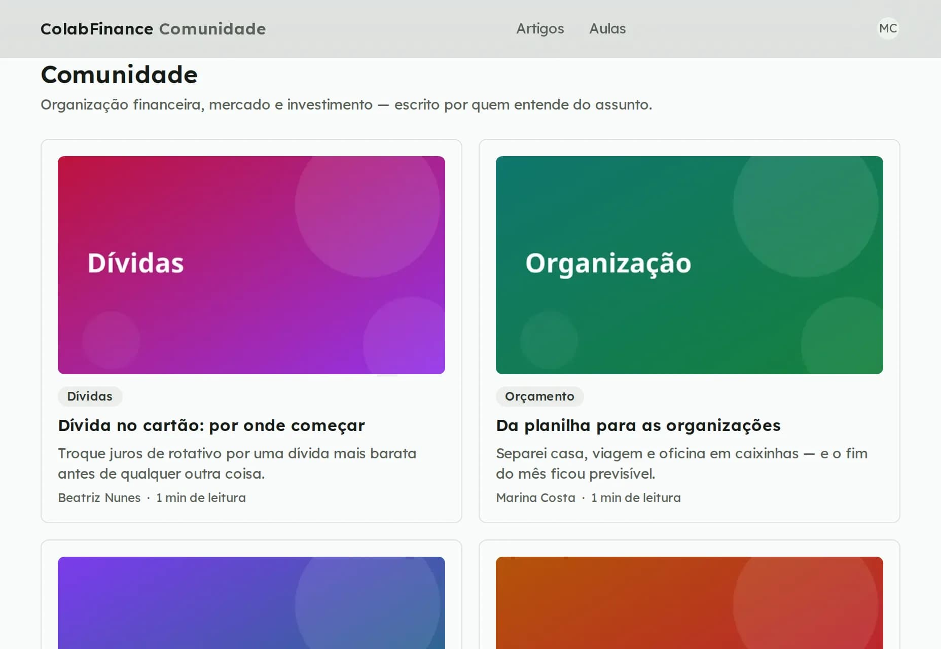 Página da Comunidade com cards de artigos sobre dívidas, organização, reserva de emergência e renda fixa