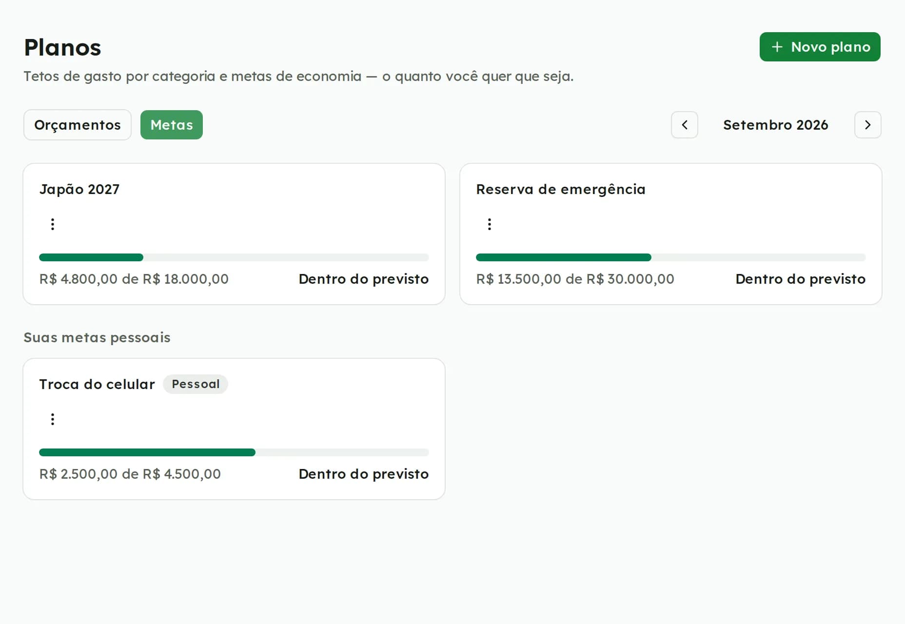 Metas de economia com barras de progresso, incluindo uma meta pessoal
