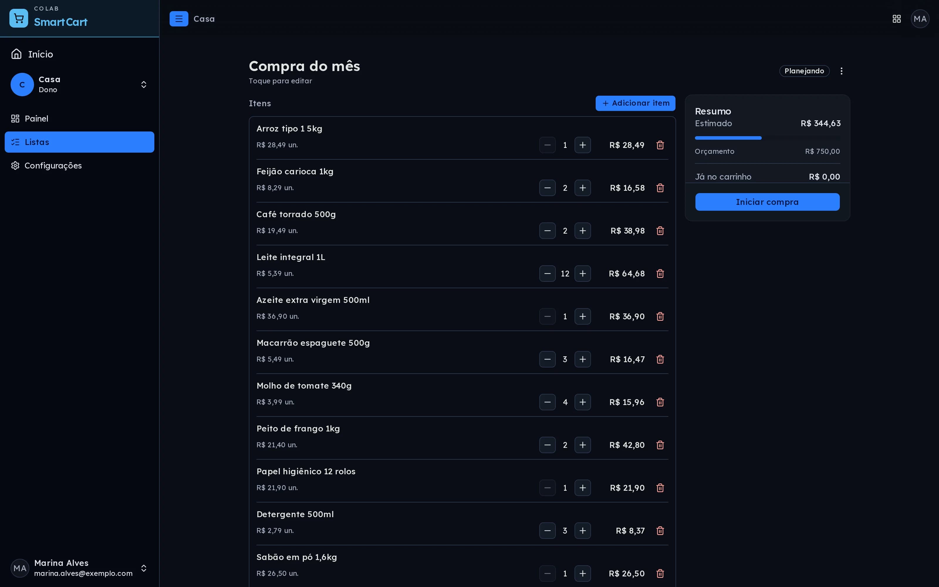 Planejamento de uma lista de compras no SmartCart, com itens, preço estimado e resumo do orçamento