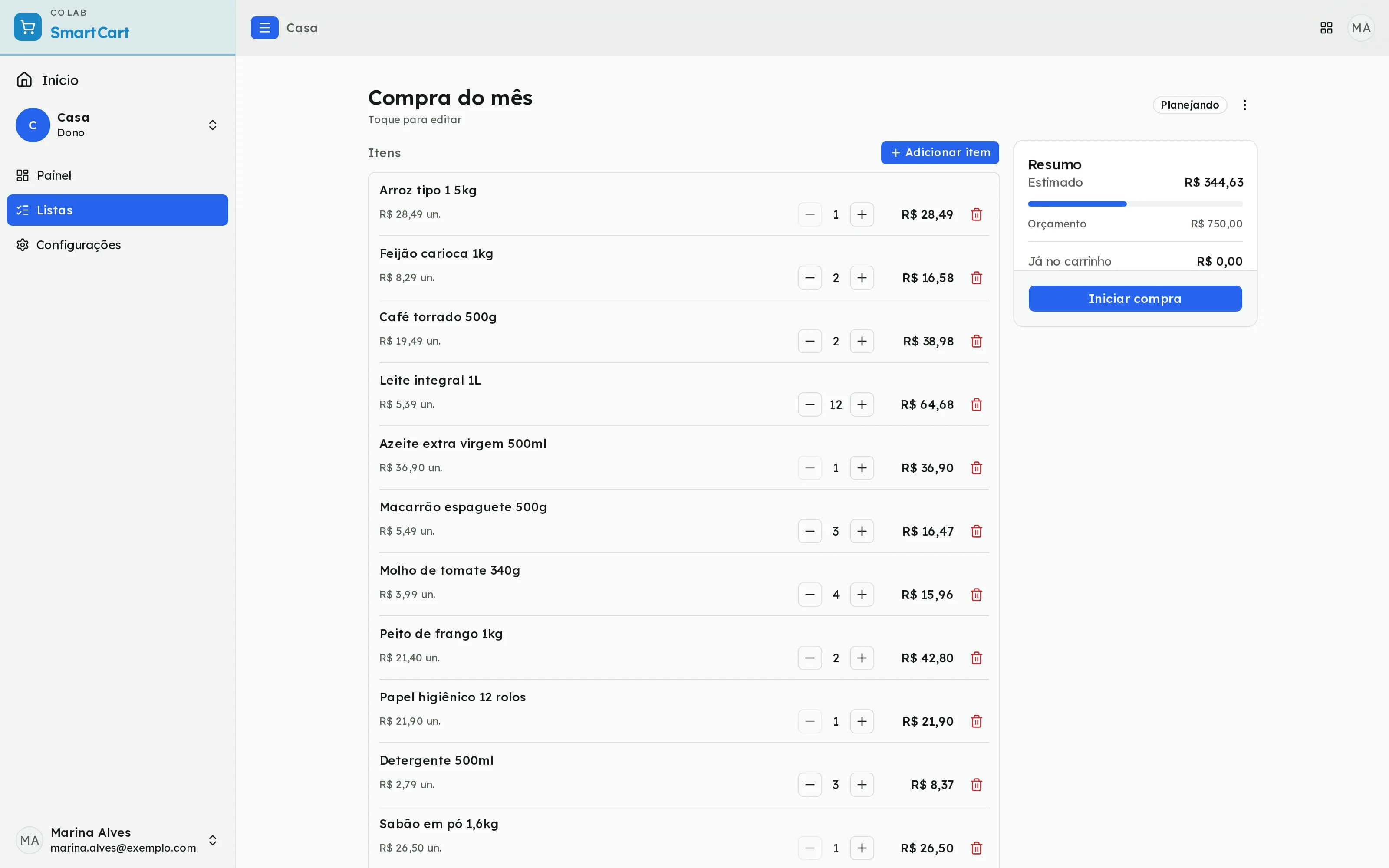 Planejamento de uma lista de compras no SmartCart, com itens, preço estimado e resumo do orçamento
