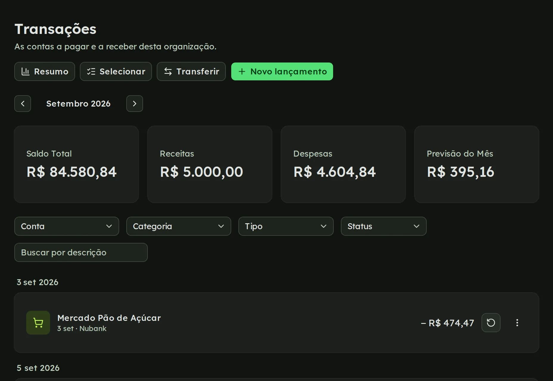 Lista de transações do mês com saldo, receitas, despesas e previsão no topo