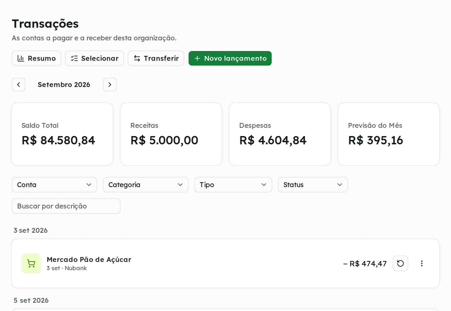Lista de transações do mês com saldo, receitas, despesas e previsão no topo